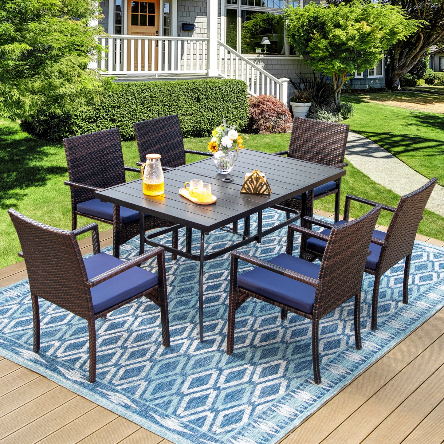 Captiva Designs 7pc Patio Slatted Top Steel Dining Table with Umbrella Hole & Cushioned Armrest Rattan Chairs