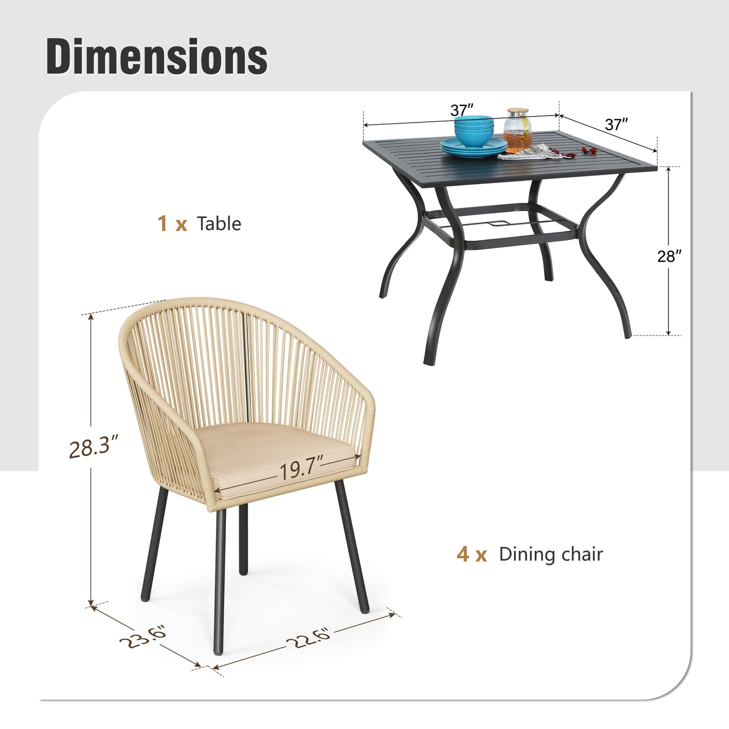 Captiva Designs 5pc Patio Dining Table with  X-Shaped Legs & Woven Pull Cord Back with Seat Cushion