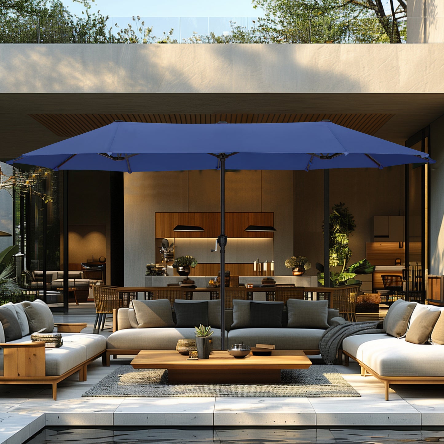 Captiva Designs 8pc Patio Slat-top Dining Steel Table & Stackable Steel Chairs & Market Umbrella