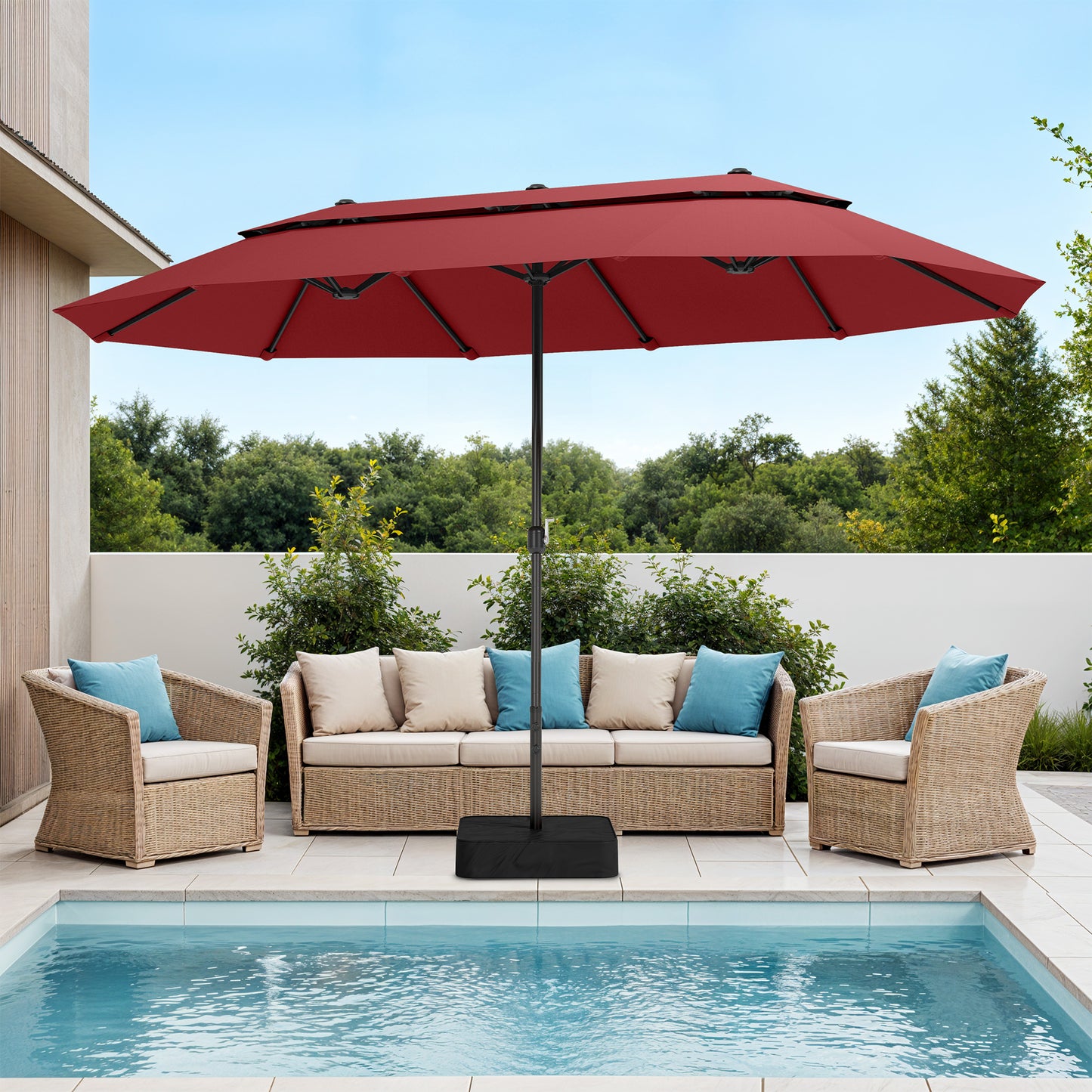 Captiva Designs 15ft Double-Sided Patio Umbrella with Base, Large Rectangular Outdoor Market Umbrella