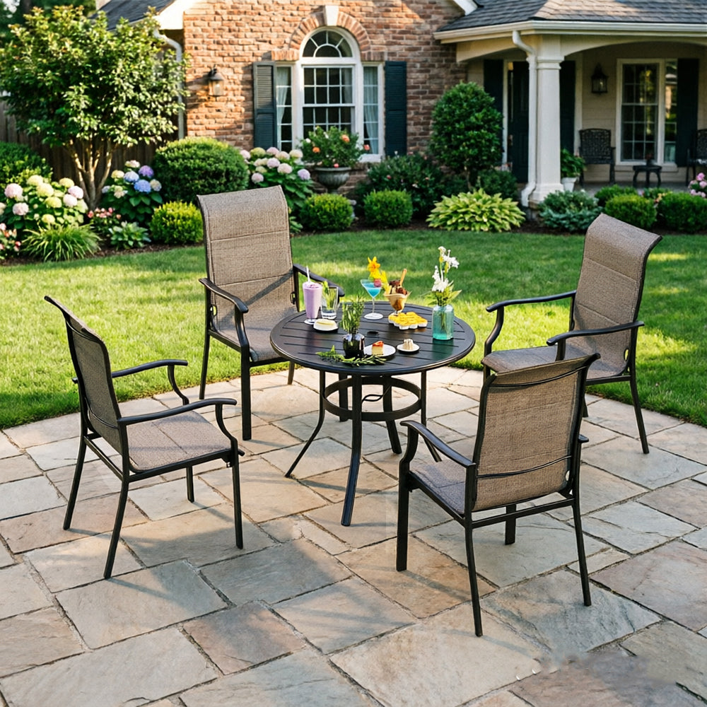 Captiva Designs 5pc Outdoor Patio Slat-top Black Round Dining Steel Table & Steel Frame Sling Chairs