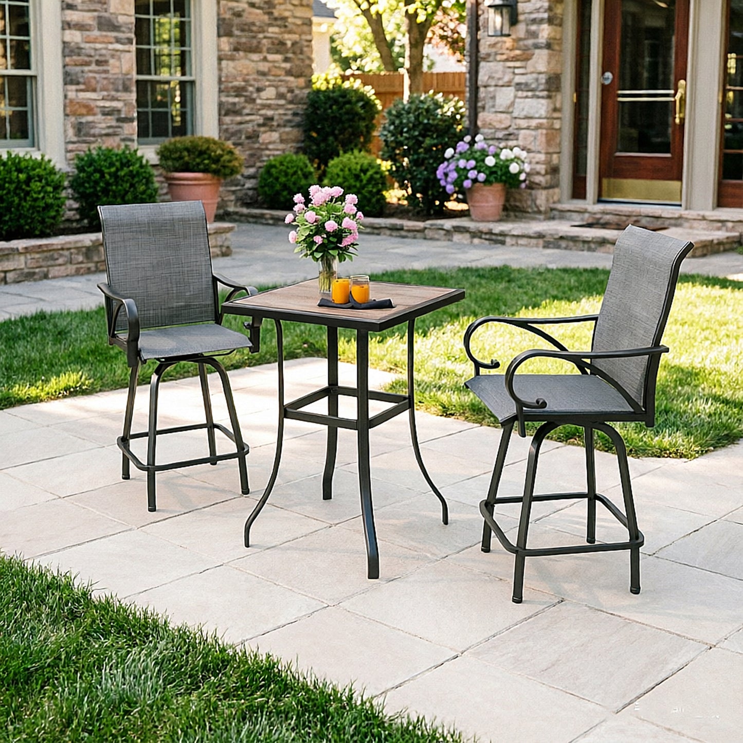 Captiva Designs 3Pc Outdoor Patio Dining Bar Set with Steel Steel Table & Sling Swivel Bar Stools