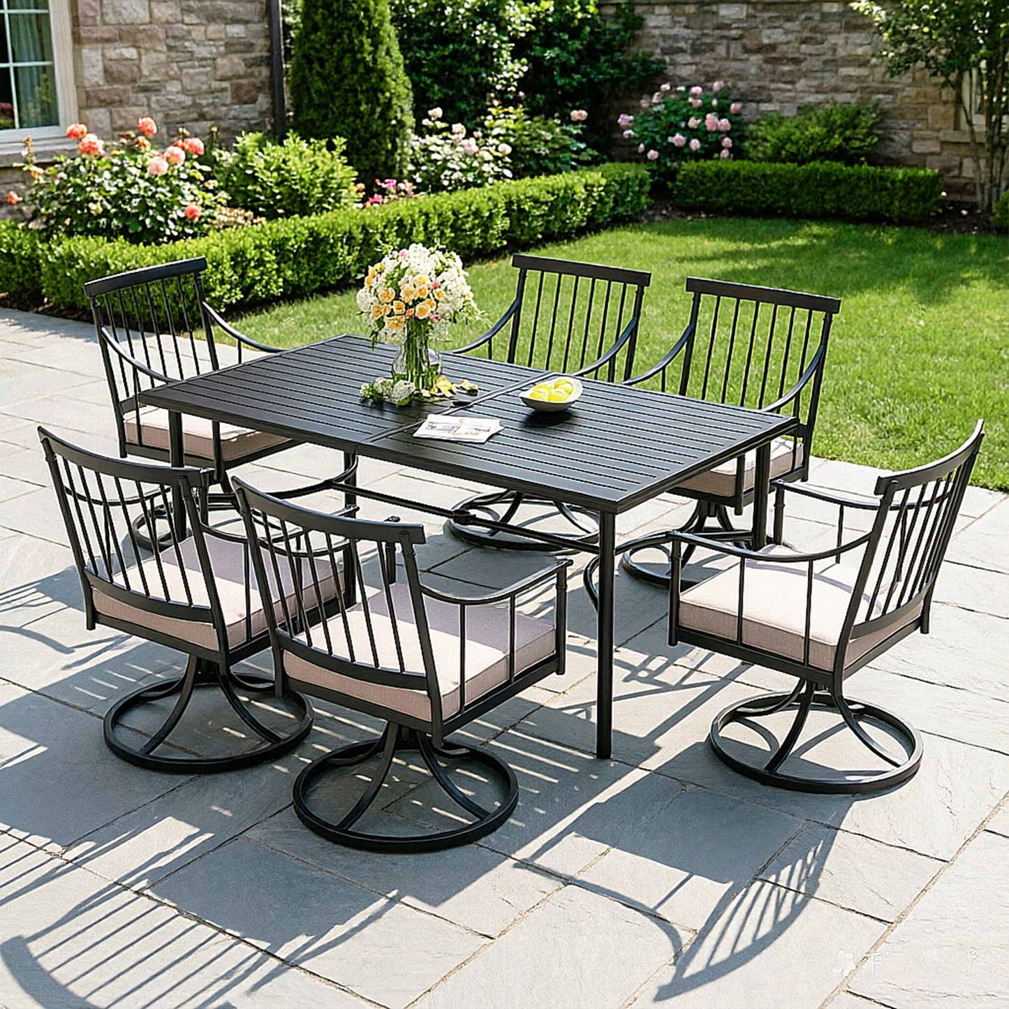 Captiva Designs 7pc Patio Slatted Top Steel Dining Table with Umbrella Hole & Stylish Cushioned Metal Chairs