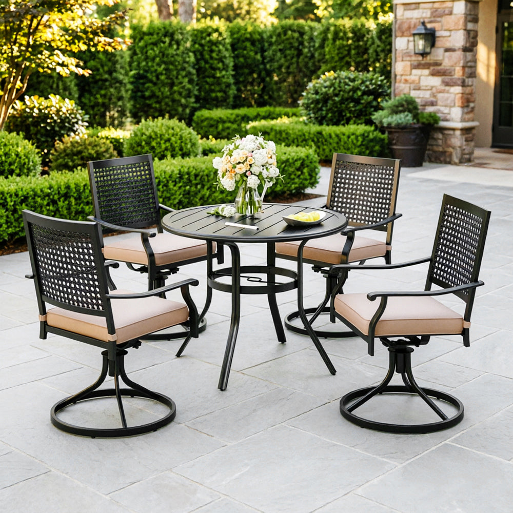 Captiva Designs 5pc Outdoor Steel Slat-top Round Dining Table & Metal Chairs with Stylish Back