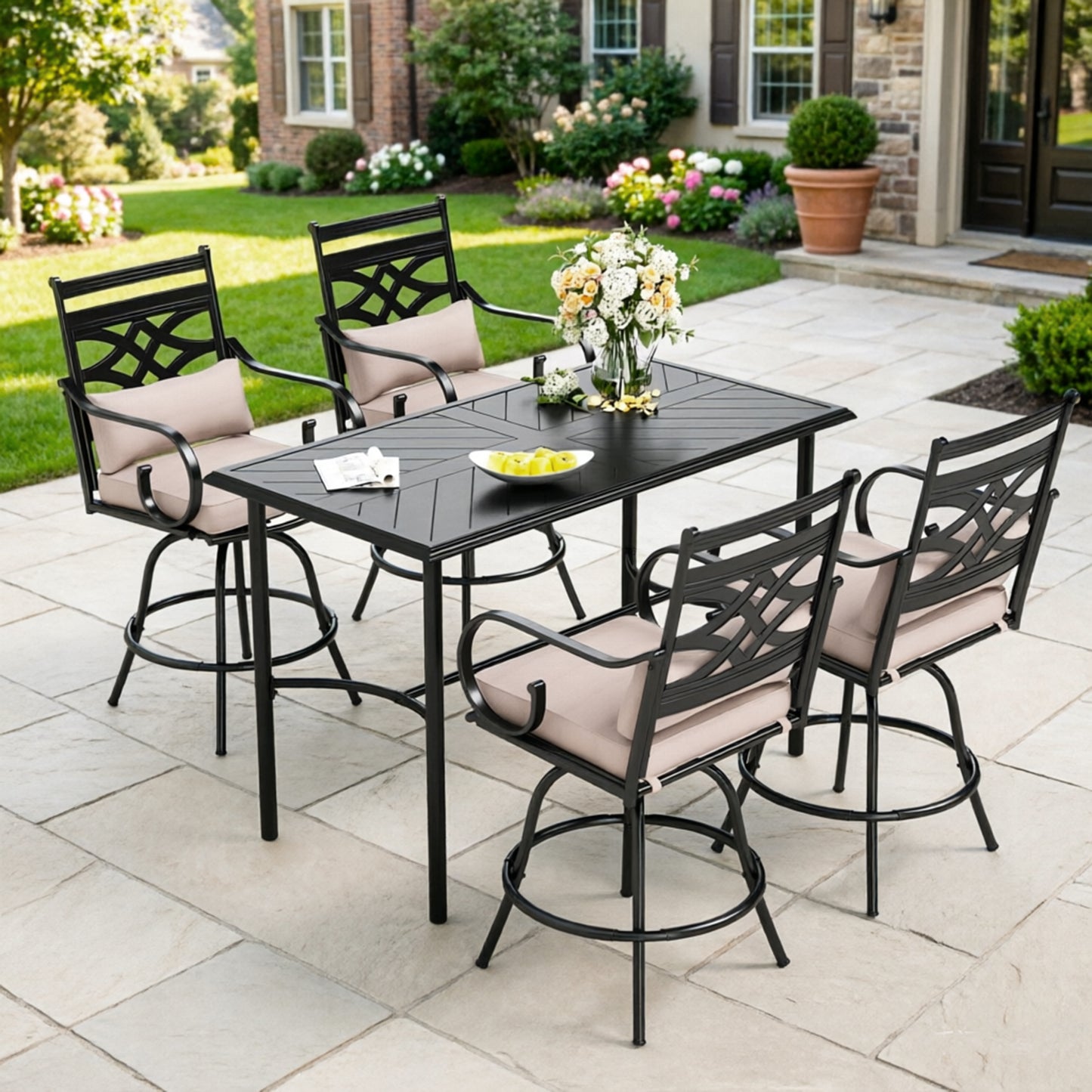 Captiva Designs 5pc Outdoor Patio Cross Bracket Rectangle Steel Bar Table & High Bar Stools