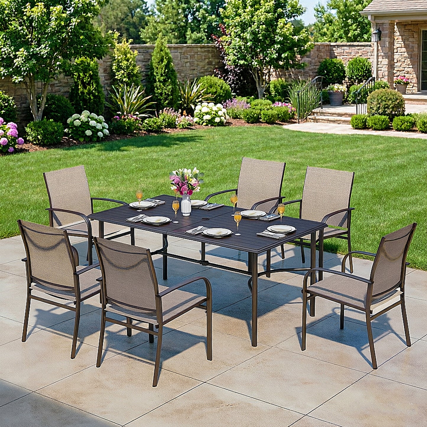 Captiva Designs 7pc Patio Dining Rectangle Steel Table with C-shaped Cross Bracket & Sling Fixed Chairs