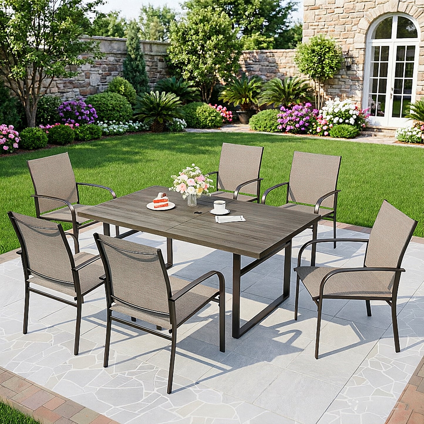 Captiva Designs 7pc Patio Dining Set Wood-look Rectangle Table with Umbrella Hole & Sling Fixed Chairs