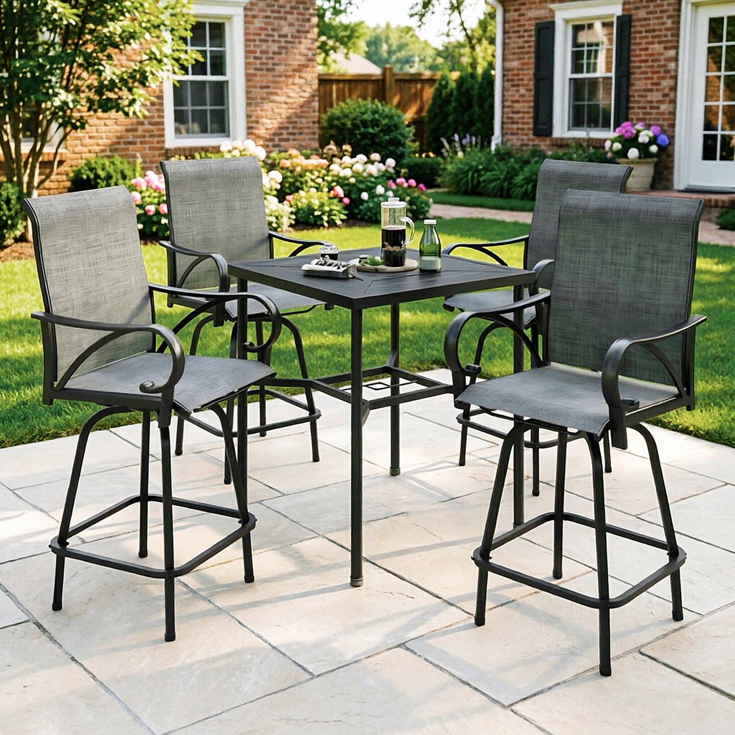 Captiva Designs 5pc Outdoor Patio Dining Steel Bar Table & High Bar Swivel Stools