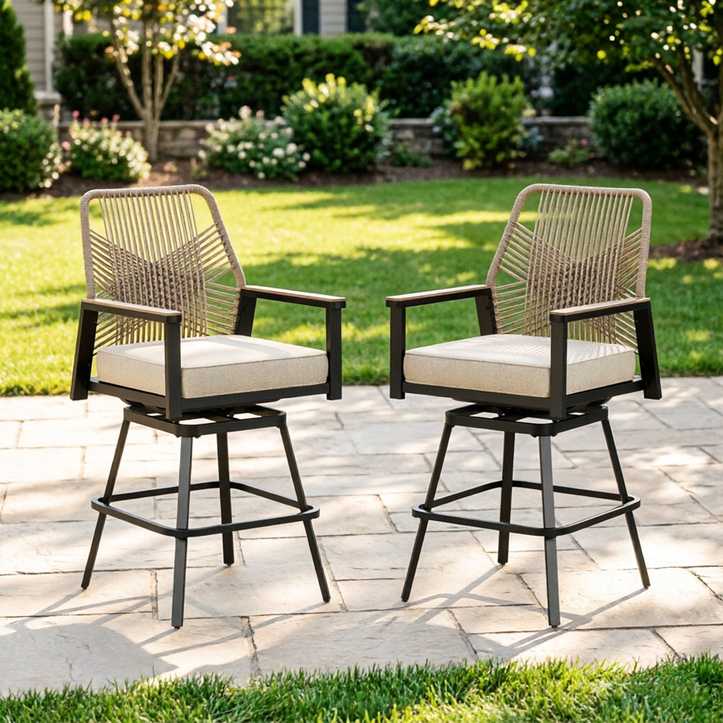 Captiva Designs Outdoor Patio Dining Beige Rattan Bar Stools with Thick Beige Cushions