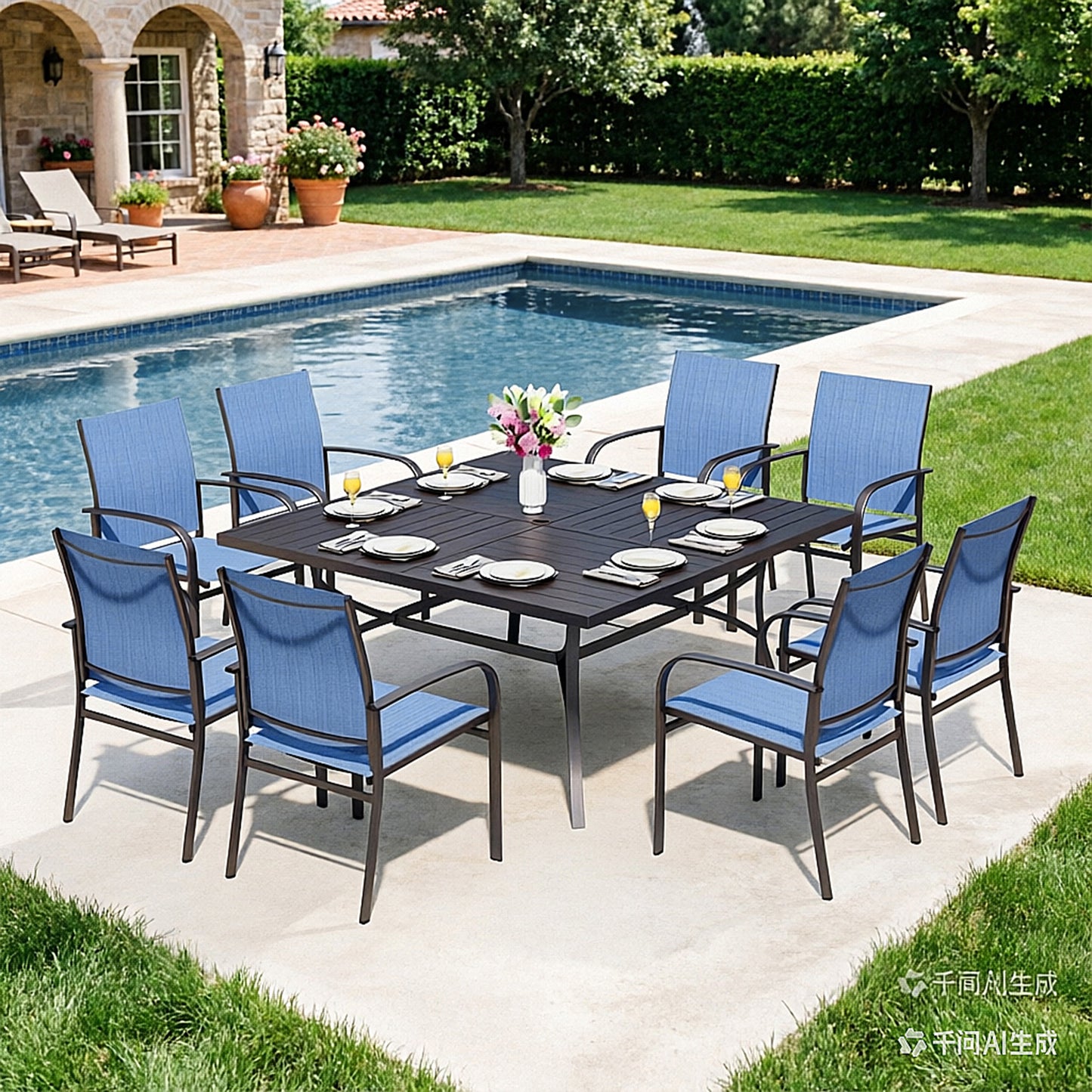 Captiva Designs 9pc Spacious Slat-top Square Metal Table with Umbrella Hole & Sling Fixed Dining Chairs