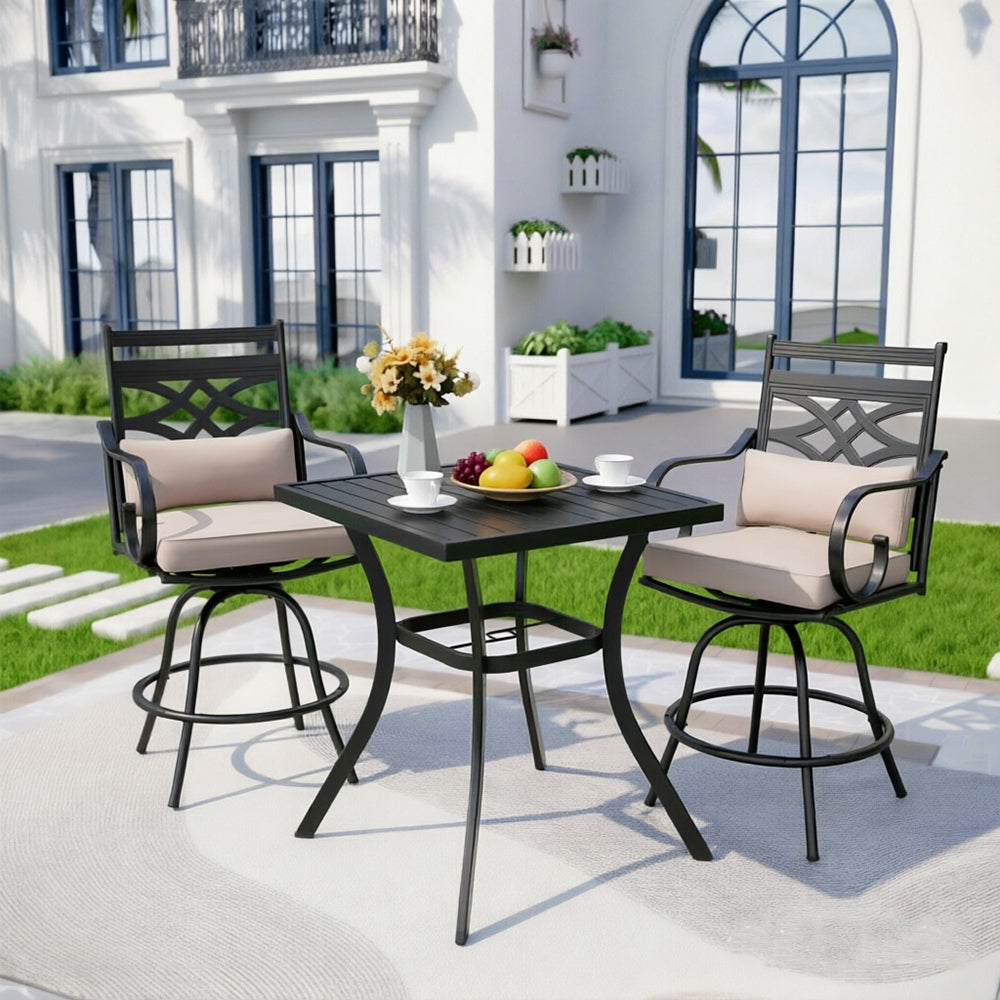 Captiva Designs 3pc Outdoor Patio Metal Bar Height Table & Bar Swivel Chair with Cushion and Armrest