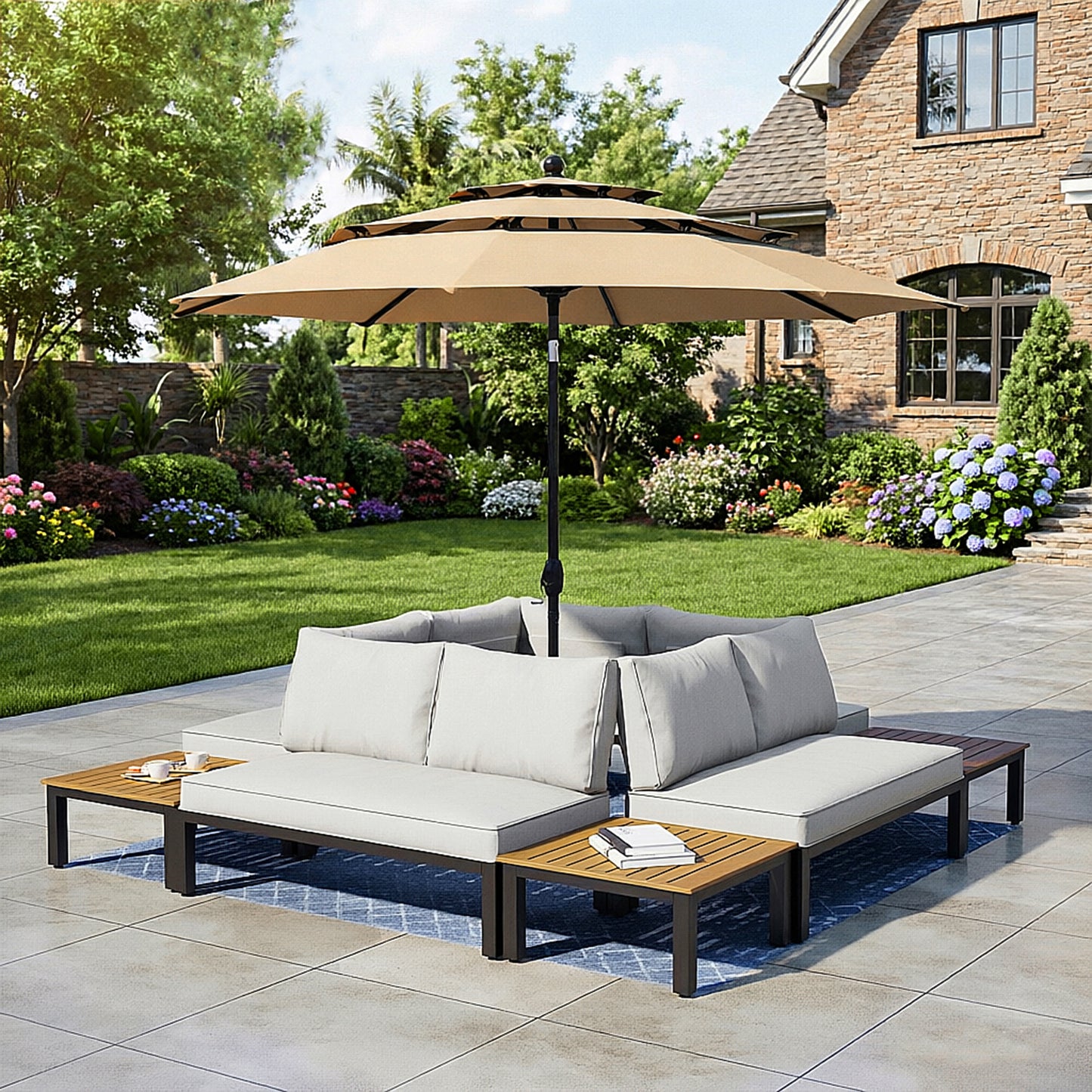 Captiva Designs Outdoor Off-white Conversation Set with Sectional Sofa & Coffee Table & Removable Cushion