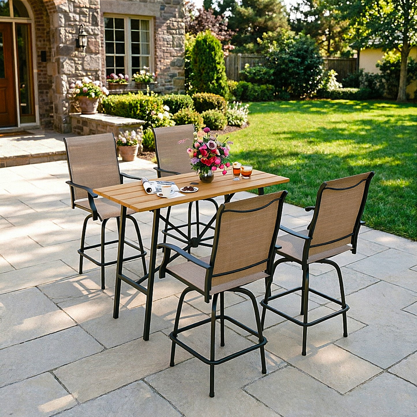 Captiva Designs 5pc Patio Slat-top Rectangle Wood-look Finished Metal Bar Table & Sling Swivel Bar Stools