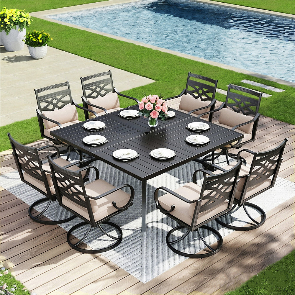 Captiva Designs 9 件套宽敞方形金属板顶桌，带伞孔和固定金属椅，带垫子