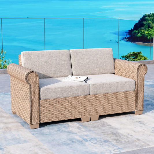 SUNSHINE VALLEY Patio Rattan loveseat, 2-Seat Wicker Rattan Sofa with 5.5" Thick Waterproof Cushions, All Weather Outdoor Conversation Set for Lawn Backyard Garden and Deck, Beige