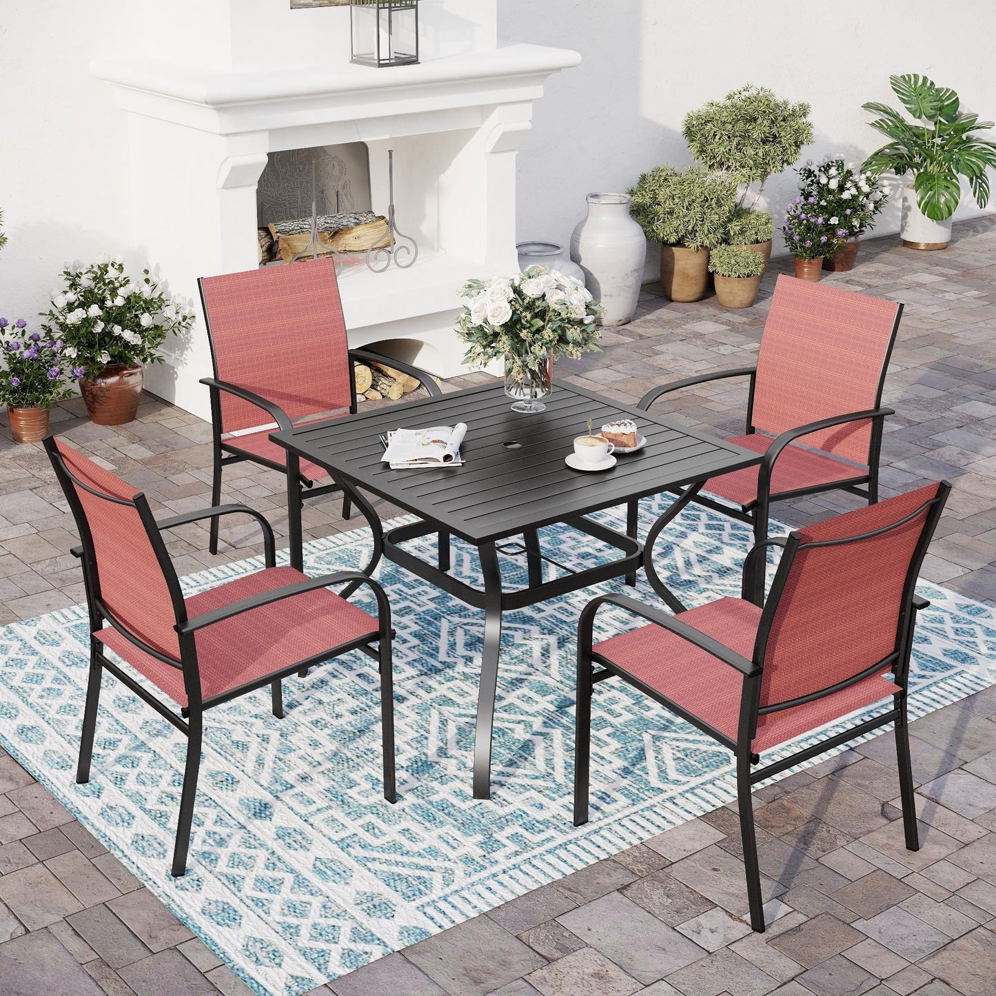 SUNSHINE VALLEY 5pc Patio Dining Set, 37" Square Table & 4 Red Chairs. Outdoor metal table w/ umbrella hole, Textilene chairs. Waterproof, rust-resistant, all-weather for backyard and deck