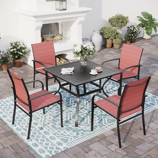 SUNSHINE VALLEY 5pc Patio Dining Set, 37" Square Table & 4 Red Chairs. Outdoor metal table w/ umbrella hole, Textilene chairs. Waterproof, rust-resistant, all-weather for backyard and deck