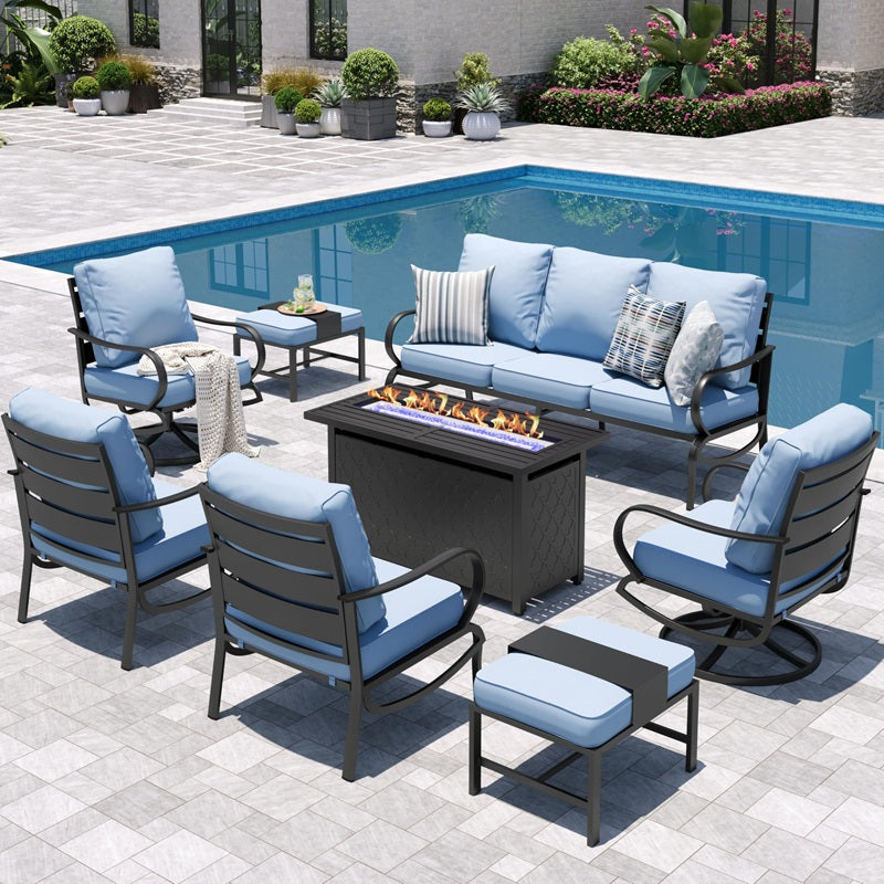 Sophia & William Patio Furniture Sets for 9 with 45" Gas Fire Pit Table Outdoor Conversation Sets, 2 x Patio Chairs, 2 x Swivel Chairs, 1 x 3-Seat Sofa, 2 x Ottomans for Porch Poolside, Blue
