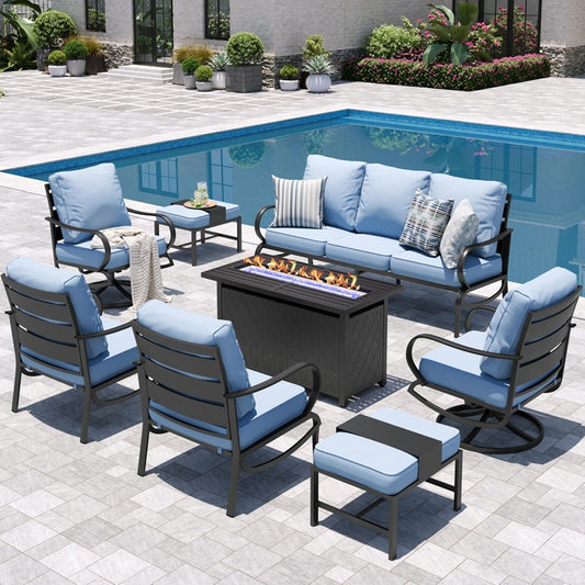 Sophia & William Patio Furniture Sets for 9 with 45" Gas Fire Pit Table Outdoor Conversation Sets, 2 x Patio Chairs, 2 x Swivel Chairs, 1 x 3-Seat Sofa, 2 x Ottomans for Porch Poolside, Blue