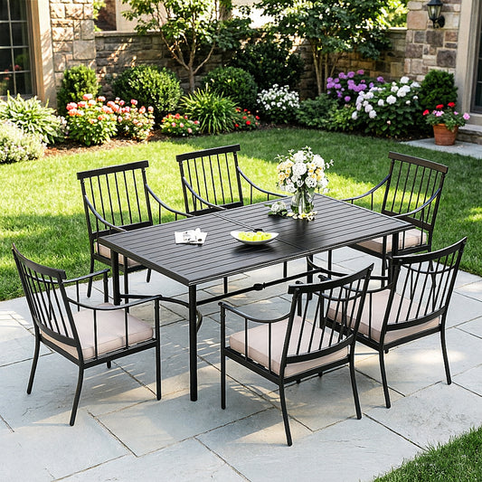 Captiva Designs 7pc Patio Slatted Top Steel Dining Table with Umbrella Hole & Stylish Cushioned Metal Chairs