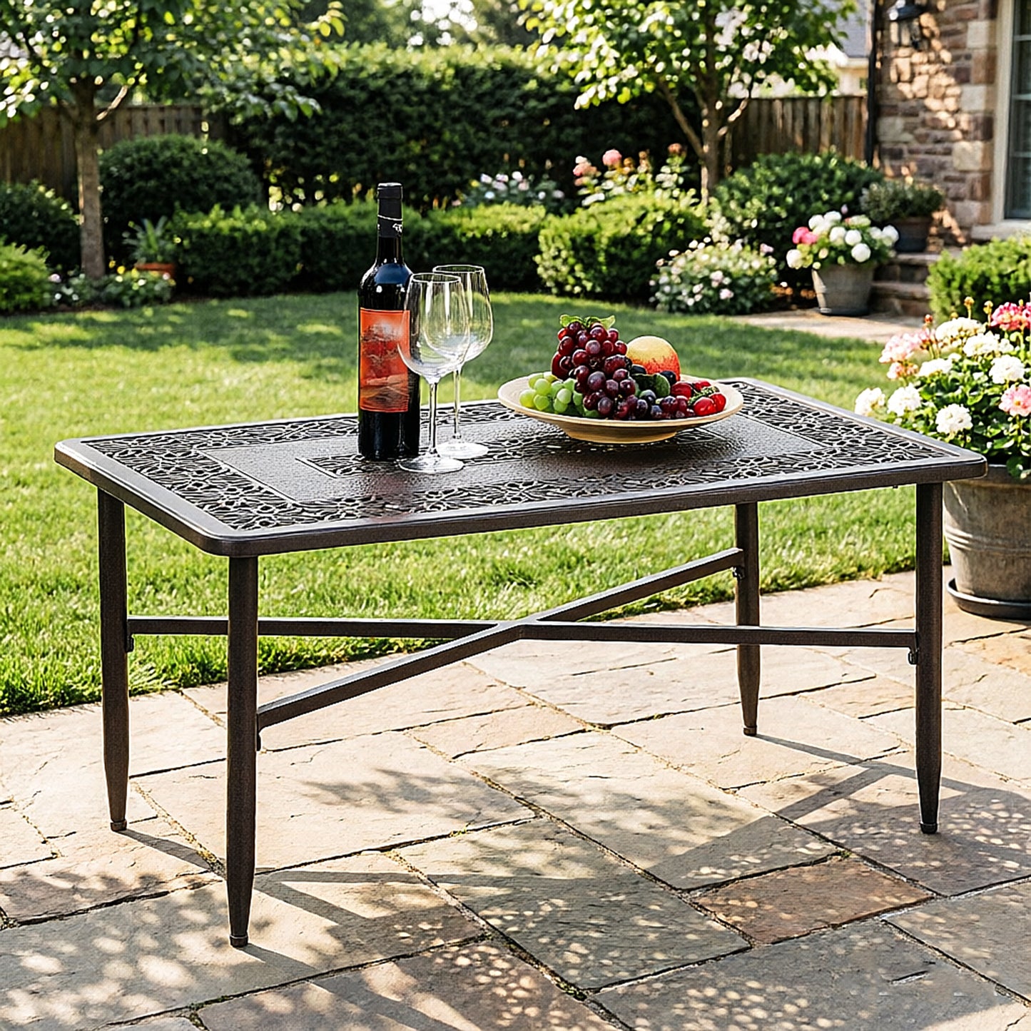 Captiva Designs Outdoor Patio Cast Aluminum Lawn Garden All Weather Engraved Cast-Top Dining Table