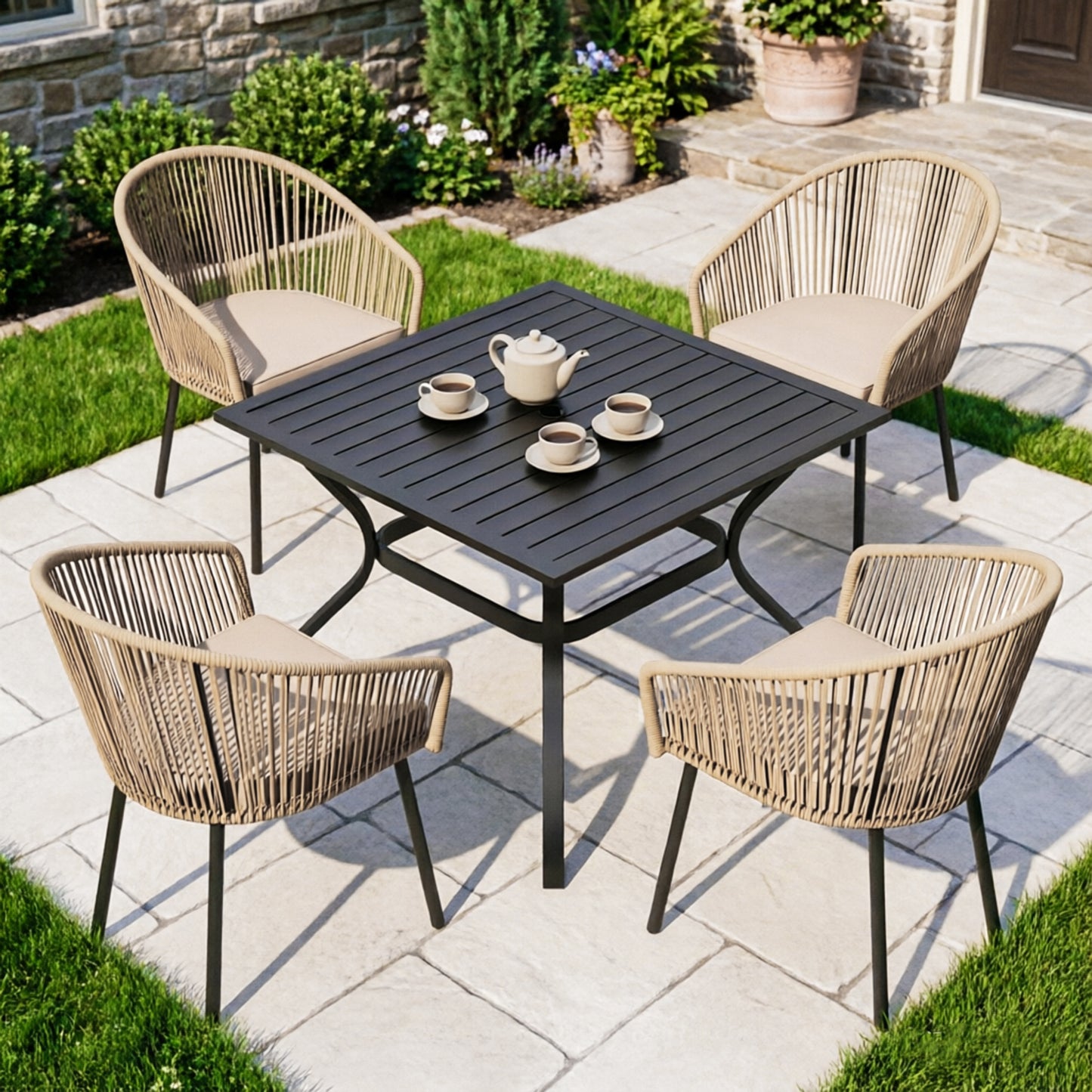 Captiva Designs 4pc Outdoor Patio Woven Pull Cord Back Dining Chairs with Seat Cushion