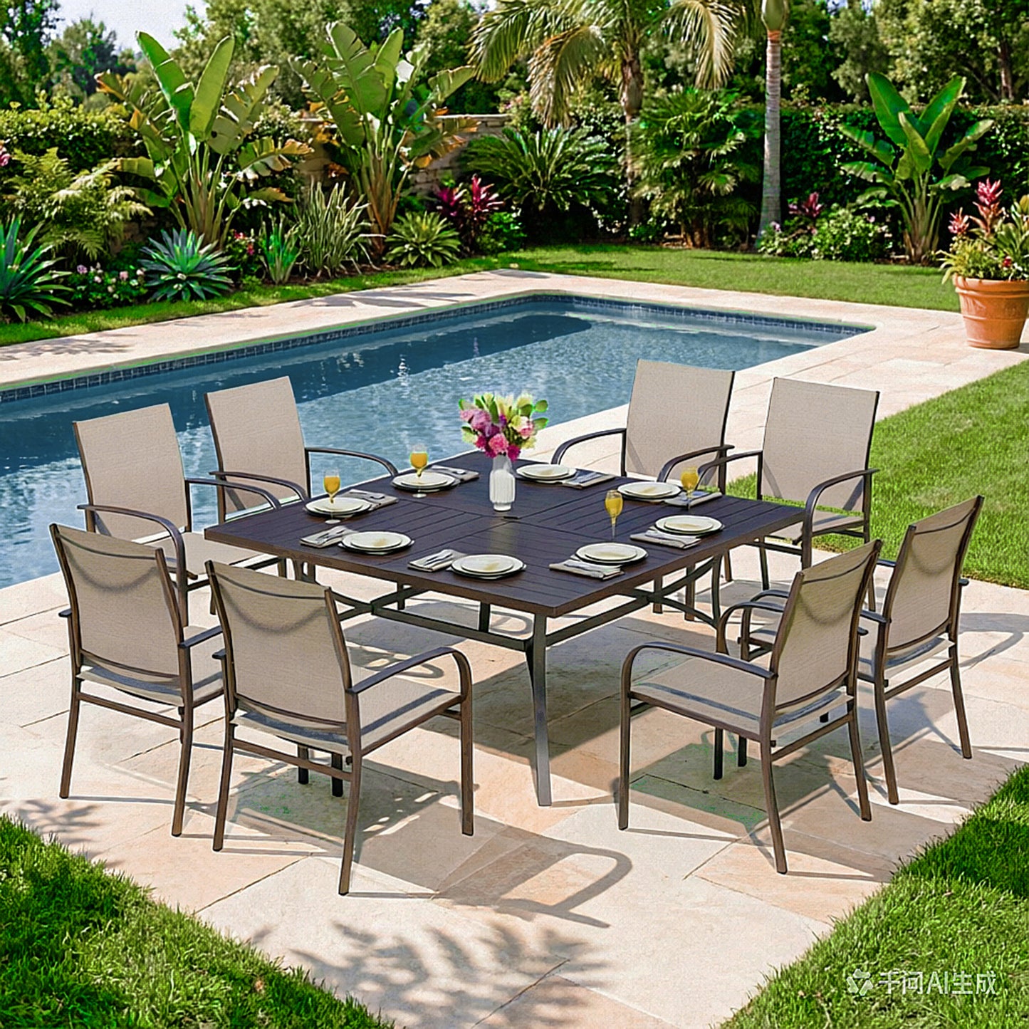 Captiva Designs 9pc Spacious Slat-top Square Metal Table with Umbrella Hole & Sling Fixed Dining Chairs