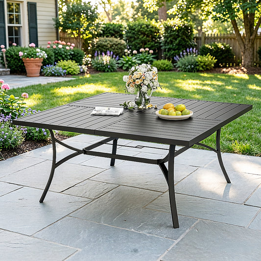 Captiva Designs 1pc Patio Spacious Slat-top Square Metal Table with Umbrella Hole for 8