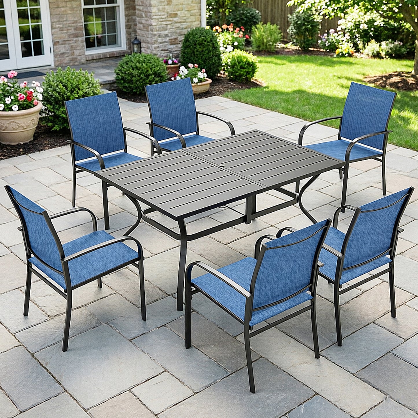 Captiva Designs 7pc Patio Dining Set with Slat-top Rectangle Table & Sling Fixed Chairs