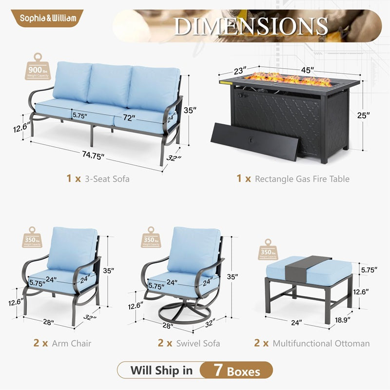Sophia & William Patio Furniture Sets for 9 with 45" Gas Fire Pit Table Outdoor Conversation Sets, 2 x Patio Chairs, 2 x Swivel Chairs, 1 x 3-Seat Sofa, 2 x Ottomans for Porch Poolside, Blue