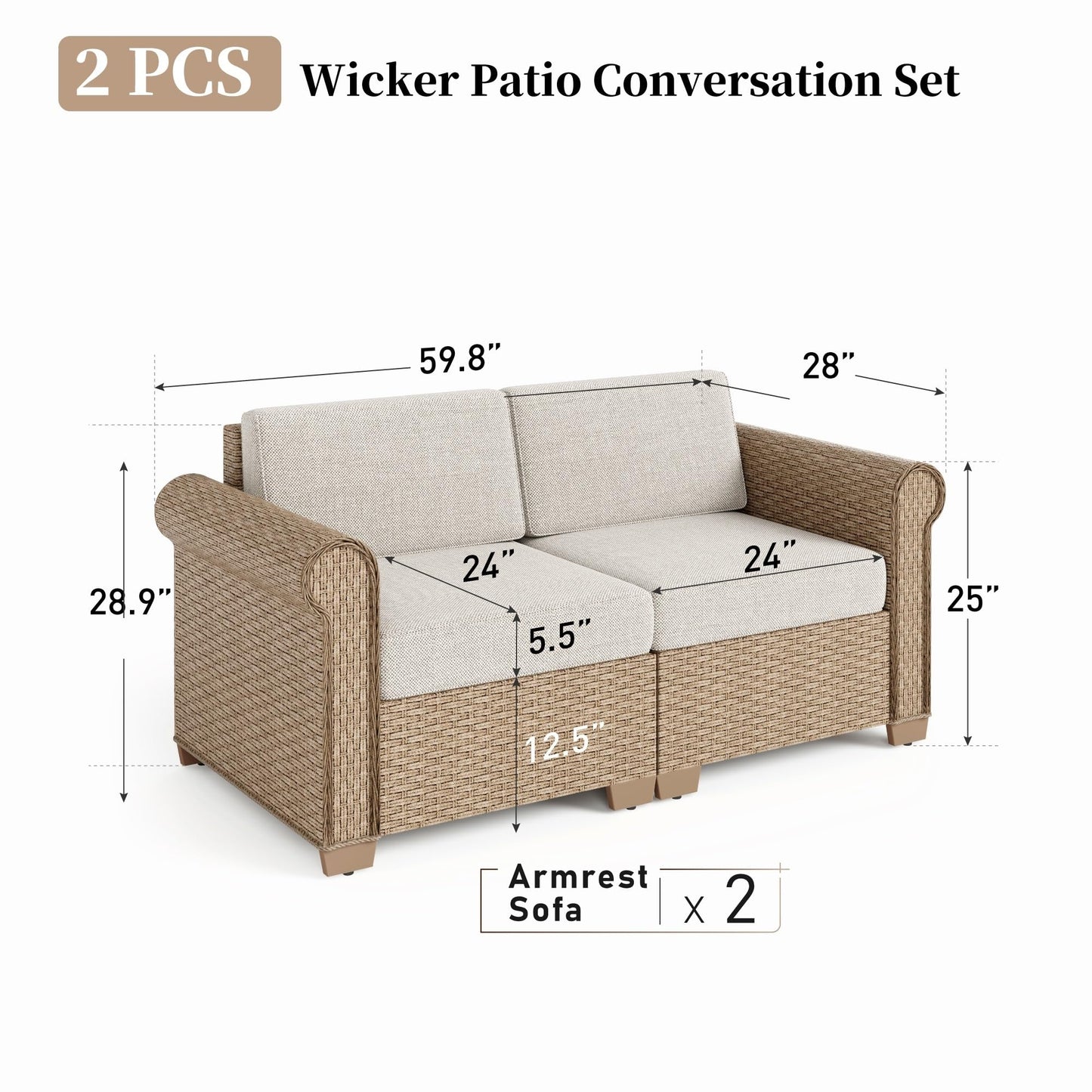 SUNSHINE VALLEY Patio Rattan loveseat, 2-Seat Wicker Rattan Sofa with 5.5" Thick Waterproof Cushions, All Weather Outdoor Conversation Set for Lawn Backyard Garden and Deck, Beige