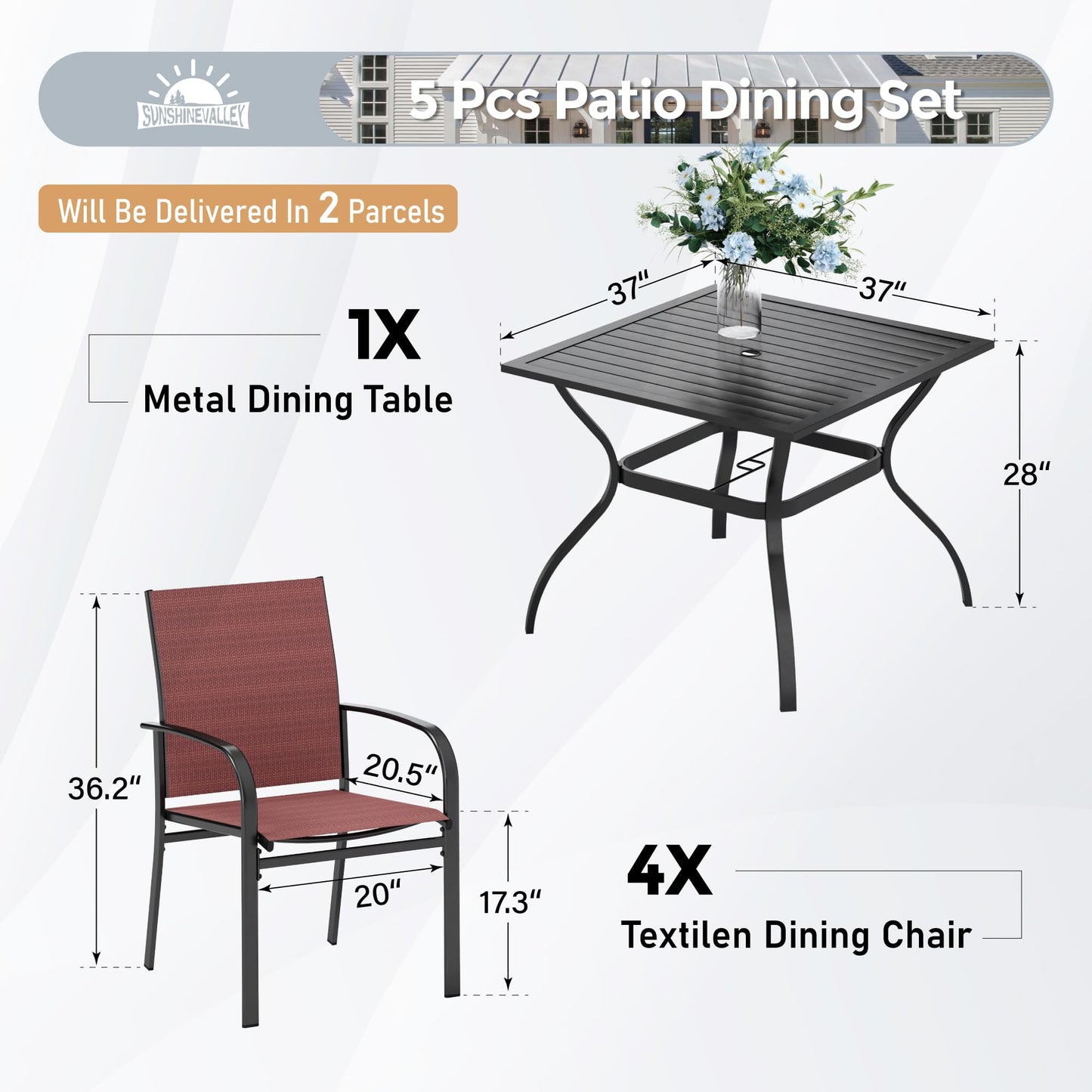 SUNSHINE VALLEY 5pc Patio Dining Set, 37" Square Table & 4 Red Chairs. Outdoor metal table w/ umbrella hole, Textilene chairs. Waterproof, rust-resistant, all-weather for backyard and deck