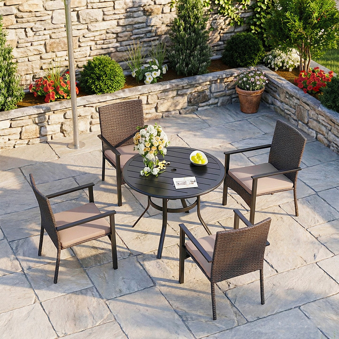 Captiva Designs 5pc Outdoor Steel Slat-top Round Dining Table & Haiti Rattan Chairs with Cushion