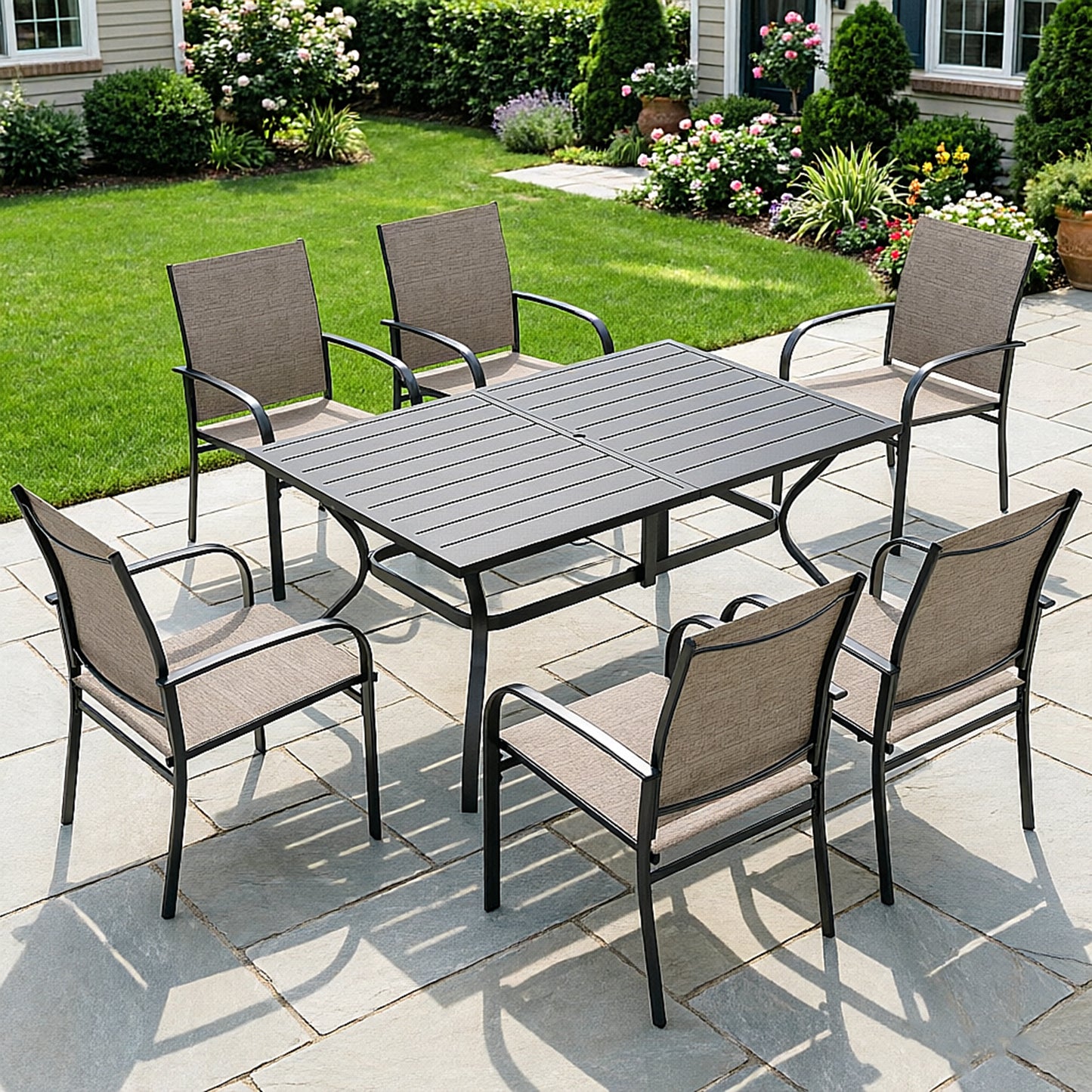 Captiva Designs 7pc Patio Dining Set with Slat-top Rectangle Table & Sling Fixed Chairs