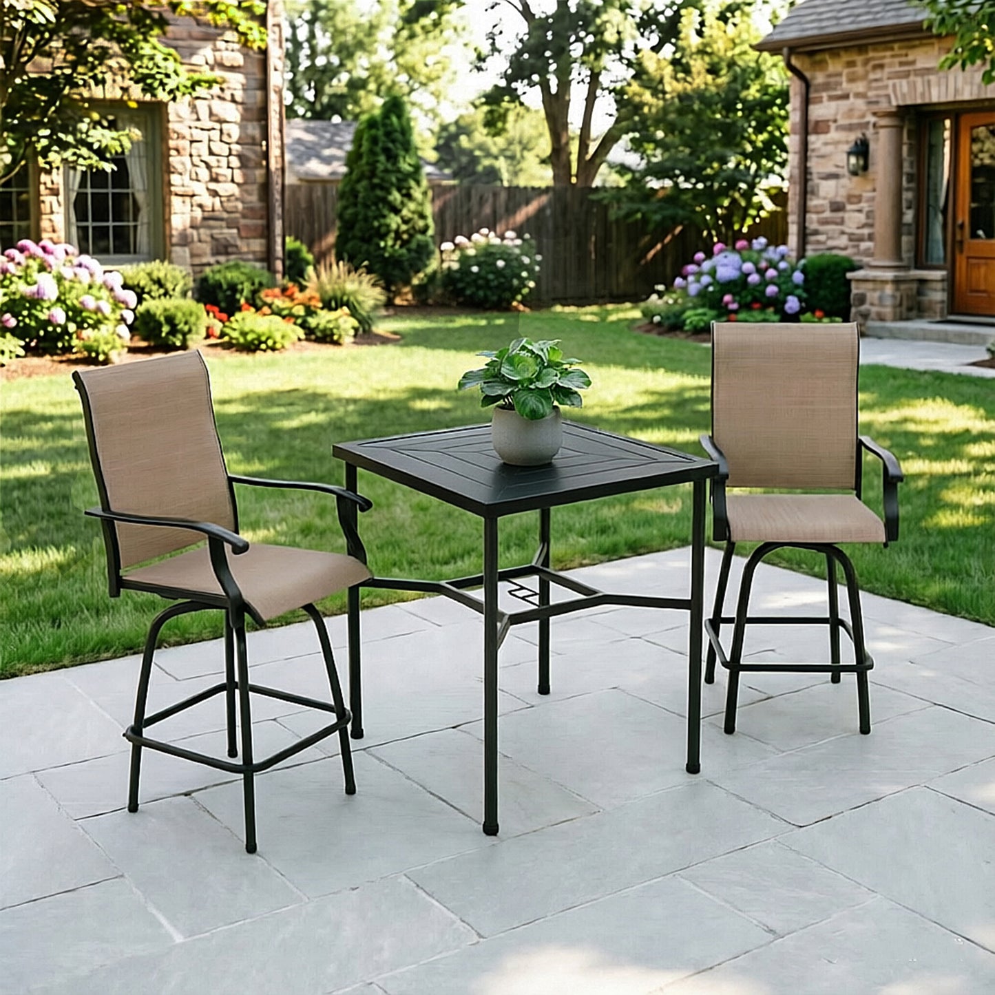 Captiva Designs 3pc Outdoor Patio Geometry Square Steel Bar Table & High Bar Swivel Stools