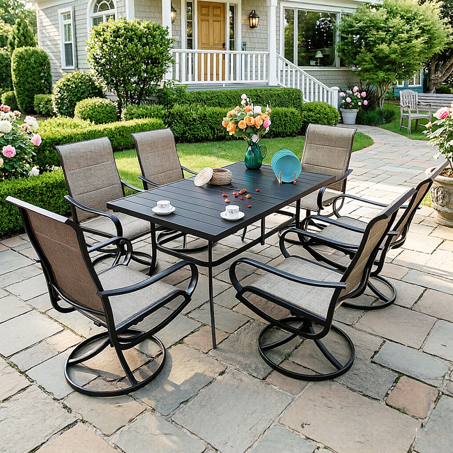 Captiva Designs 7pc Outdoor Patio Metal Rectangle Dining Table & Textilene Swivel Chairs
