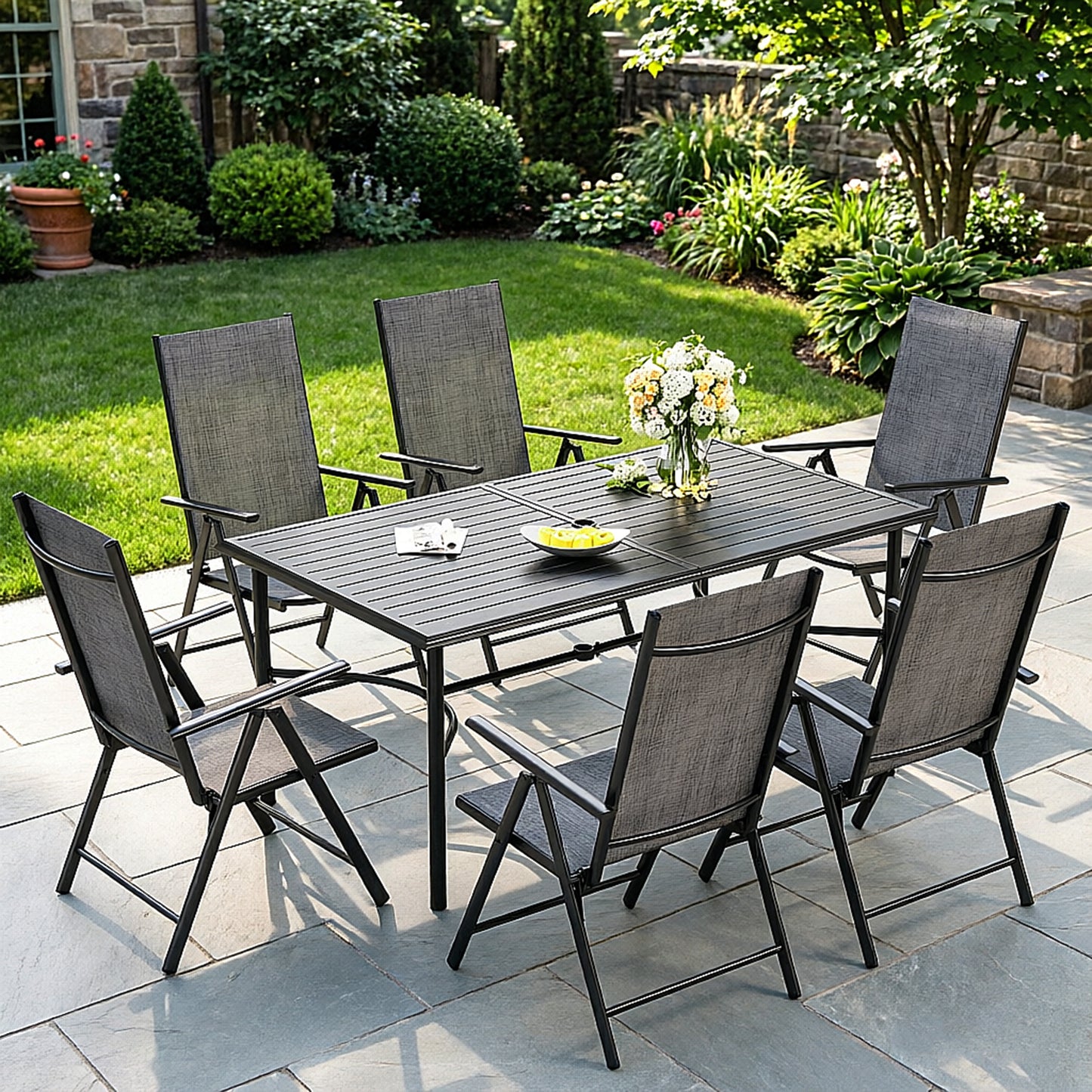 Captiva Designs 7pc Patio Dining Rectangular Steel Table & Pre-assembled Textilene Reclining Foldable Chairs