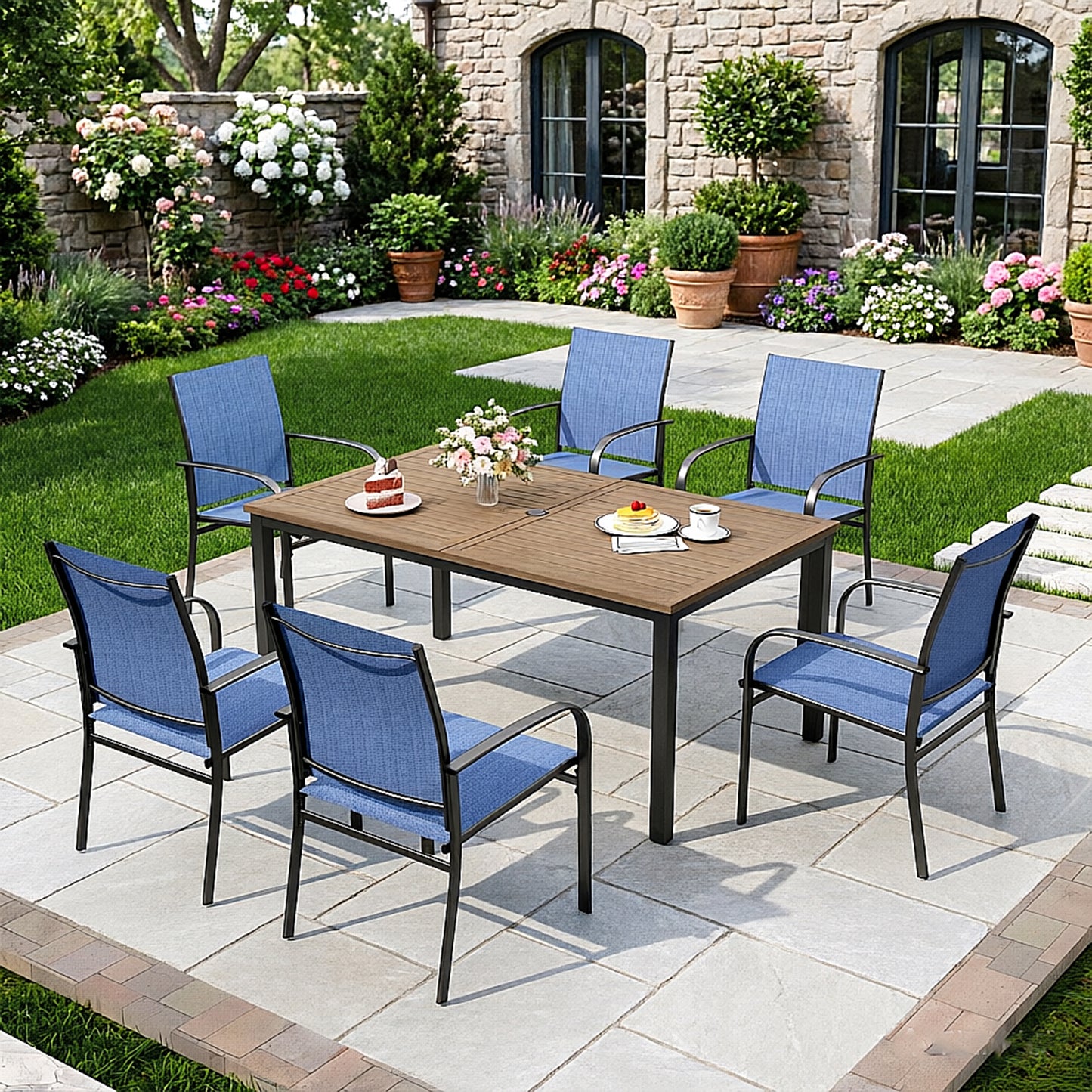 Captiva Designs 7pc Patio Dining Set Wood-look Rectangle Table with Umbrella Hole & Sling Fixed Chairs