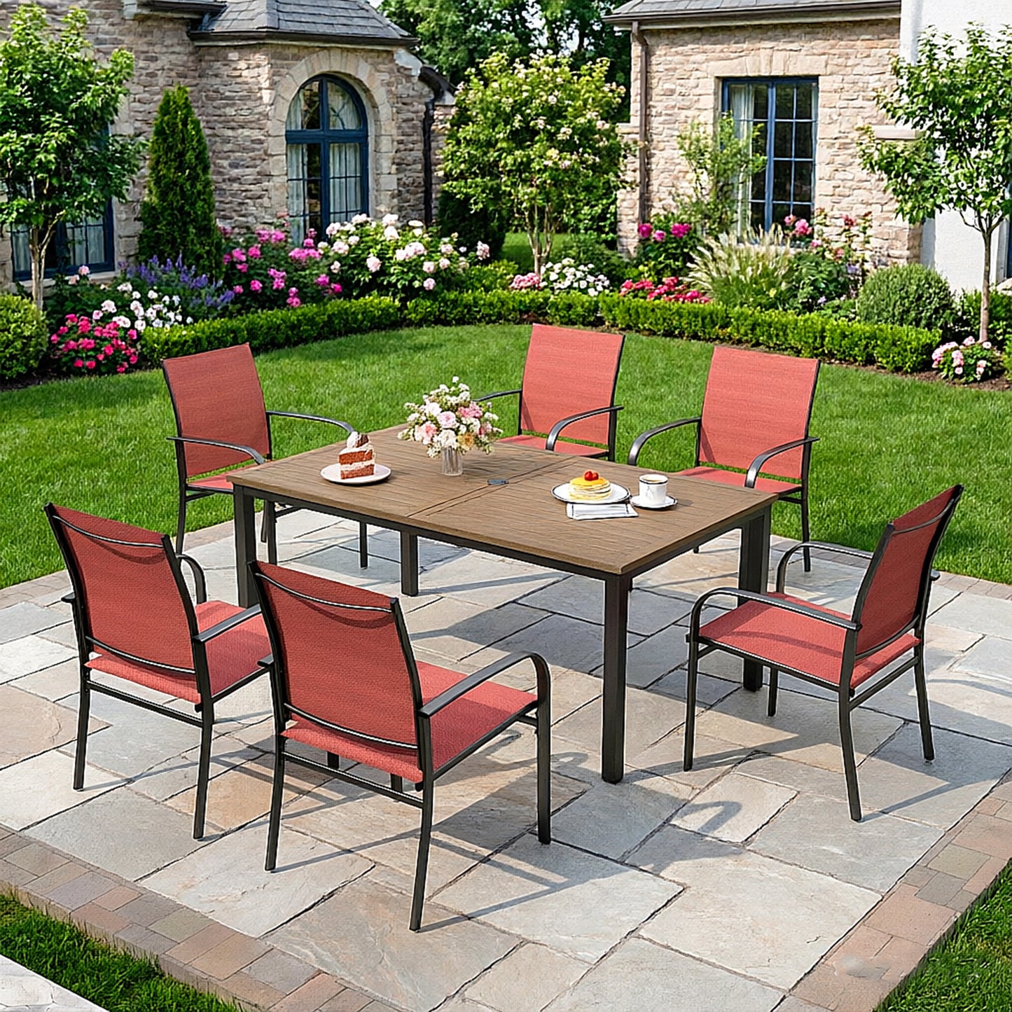 Captiva Designs 7pc Patio Dining Set Wood-look Rectangle Table with Umbrella Hole & Sling Fixed Chairs