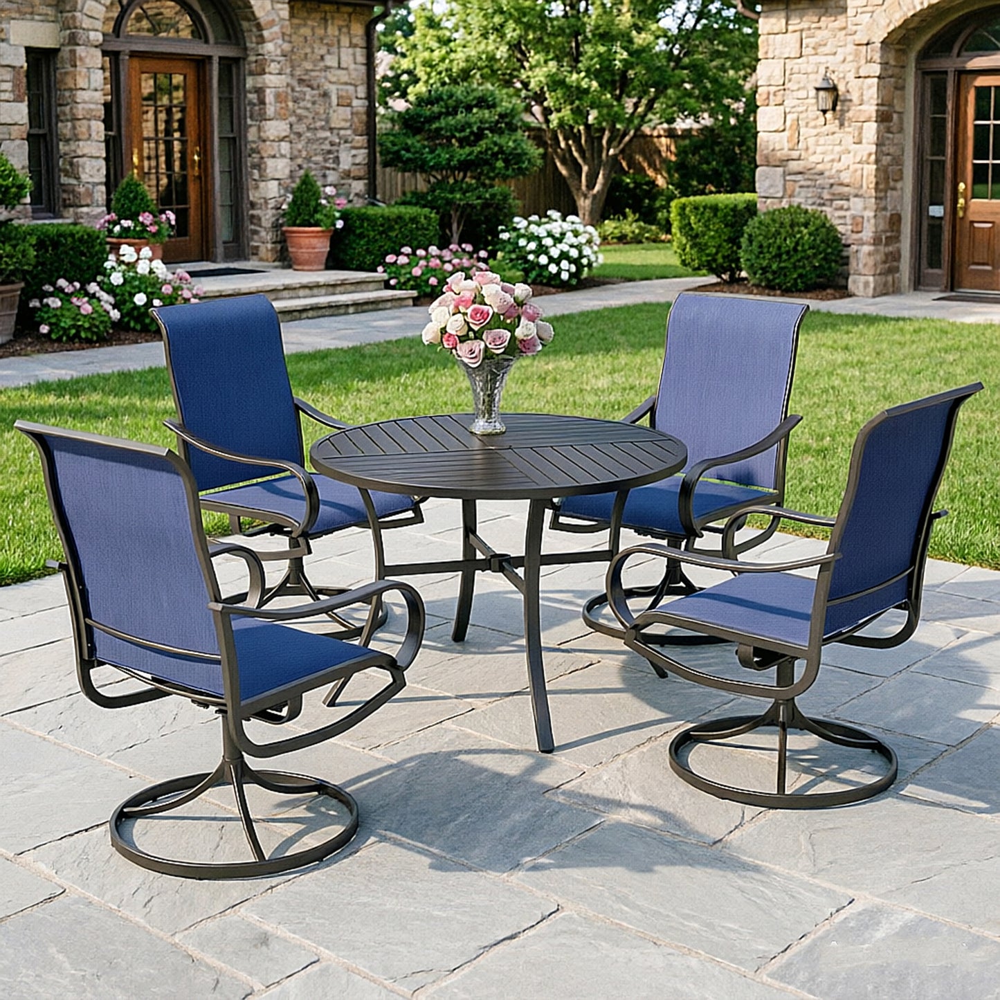 Captiva Designs 5pc Patio Dining Steel Table & Textilene 360 Degree Swivel Chairs