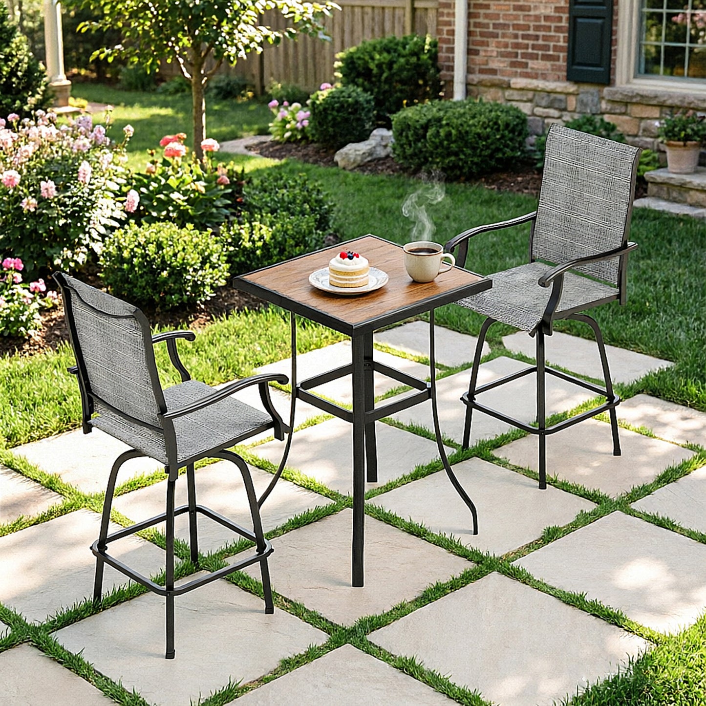 Captiva Designs 3Pc Outdoor Patio Dining Bar Set with Steel Steel Table & Sling Swivel Bar Stools
