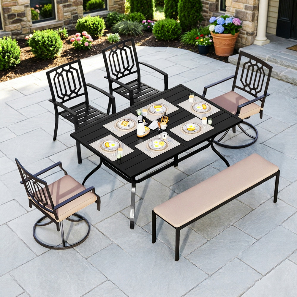 Captiva Designs 6pc Outdoor Patio Slat-top Steel Dining Table & Metal Chairs & Cushioned Bench