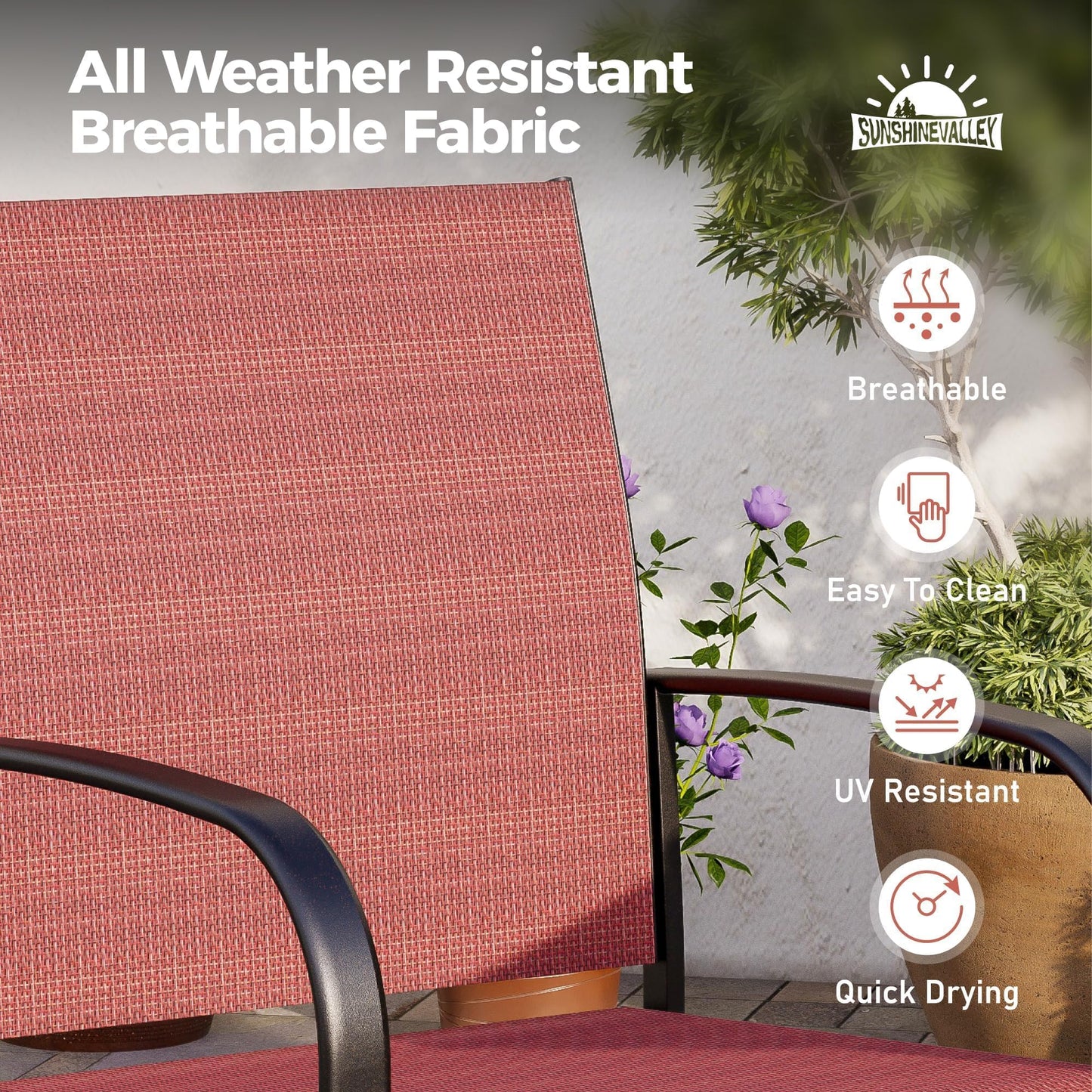 SUNSHINE VALLEY 5pc Patio Dining Set, 37" Square Table & 4 Red Chairs. Outdoor metal table w/ umbrella hole, Textilene chairs. Waterproof, rust-resistant, all-weather for backyard and deck
