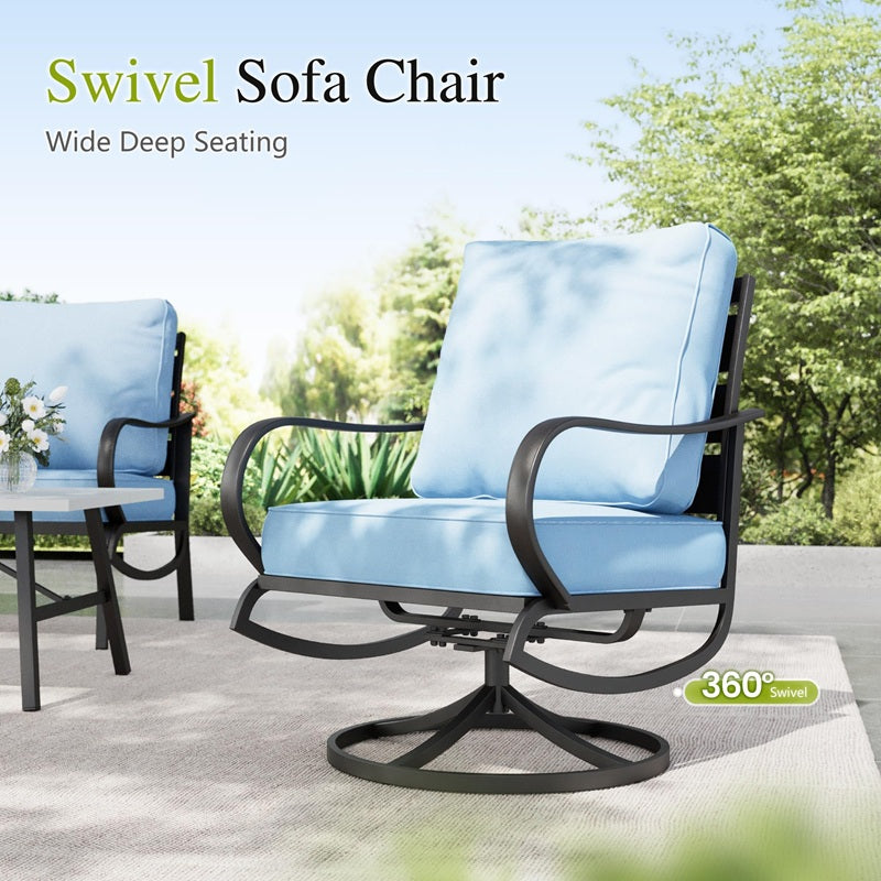 Sophia & William Patio Furniture Sets for 9 with 45" Gas Fire Pit Table Outdoor Conversation Sets, 2 x Patio Chairs, 2 x Swivel Chairs, 1 x 3-Seat Sofa, 2 x Ottomans for Porch Poolside, Blue