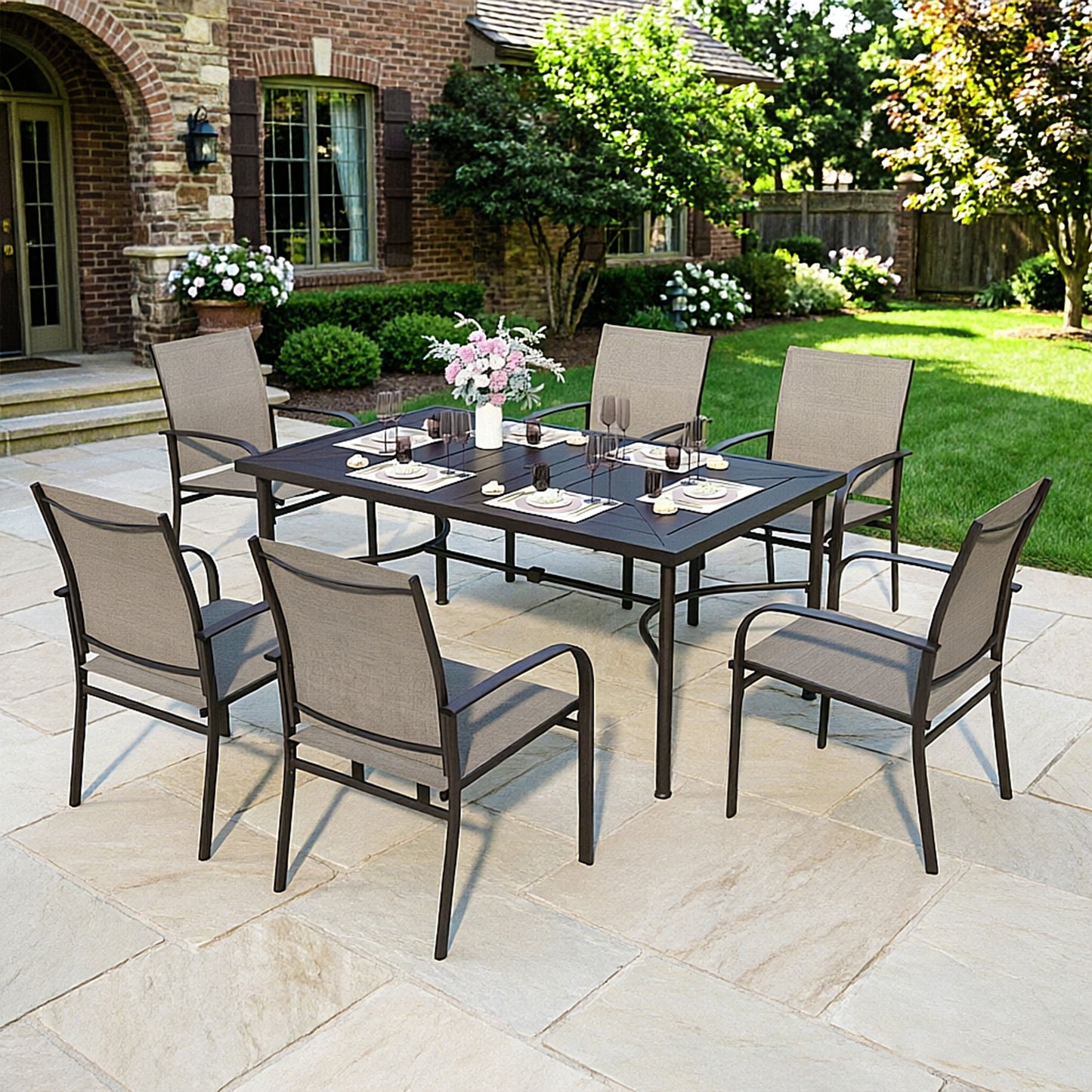 Captiva Designs 7pc Outdoor Patio Geometric Pattern Rectangular Steel Dining Table & Sling Fixed Chairs