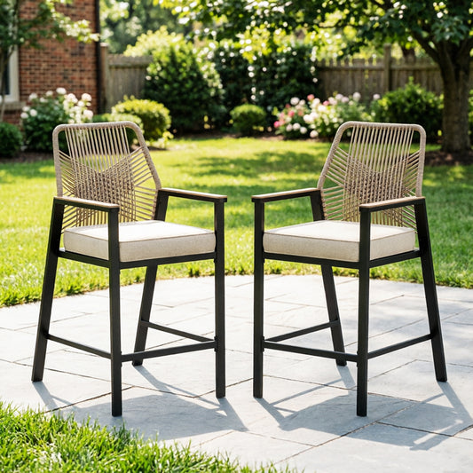 Captiva Designs Outdoor Patio Dining Beige Rattan Bar Stools with Thick Beige Cushions