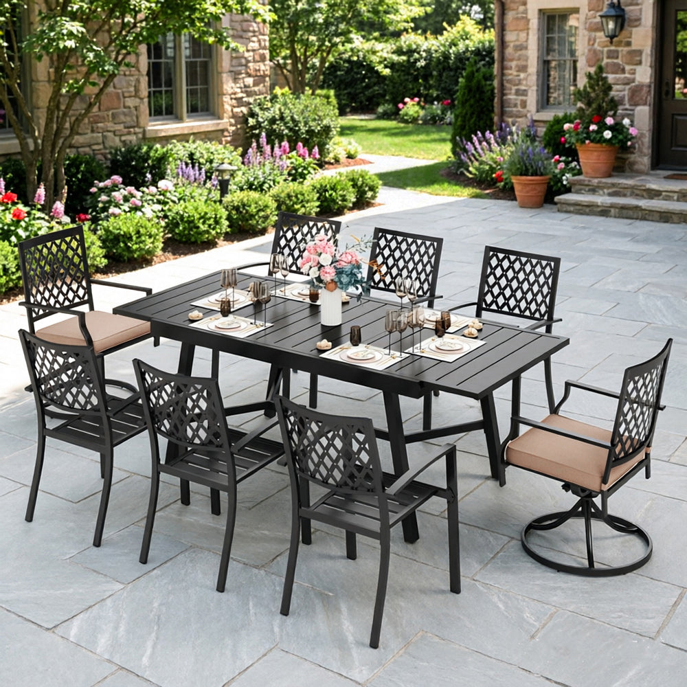 Captiva Designs 9pc Patio Dining Set with Slat-top Adjustable Steel Rectangle Table & Steel Chairs