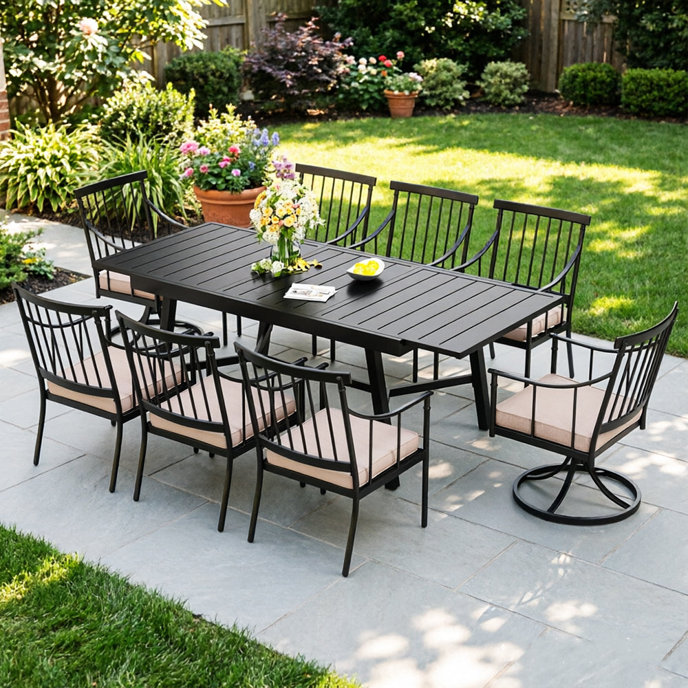 Captiva Designs 9pc Patio Slat-top Adjustable Steel Rectangle Table & Stylish Arm Chairs with Cushions
