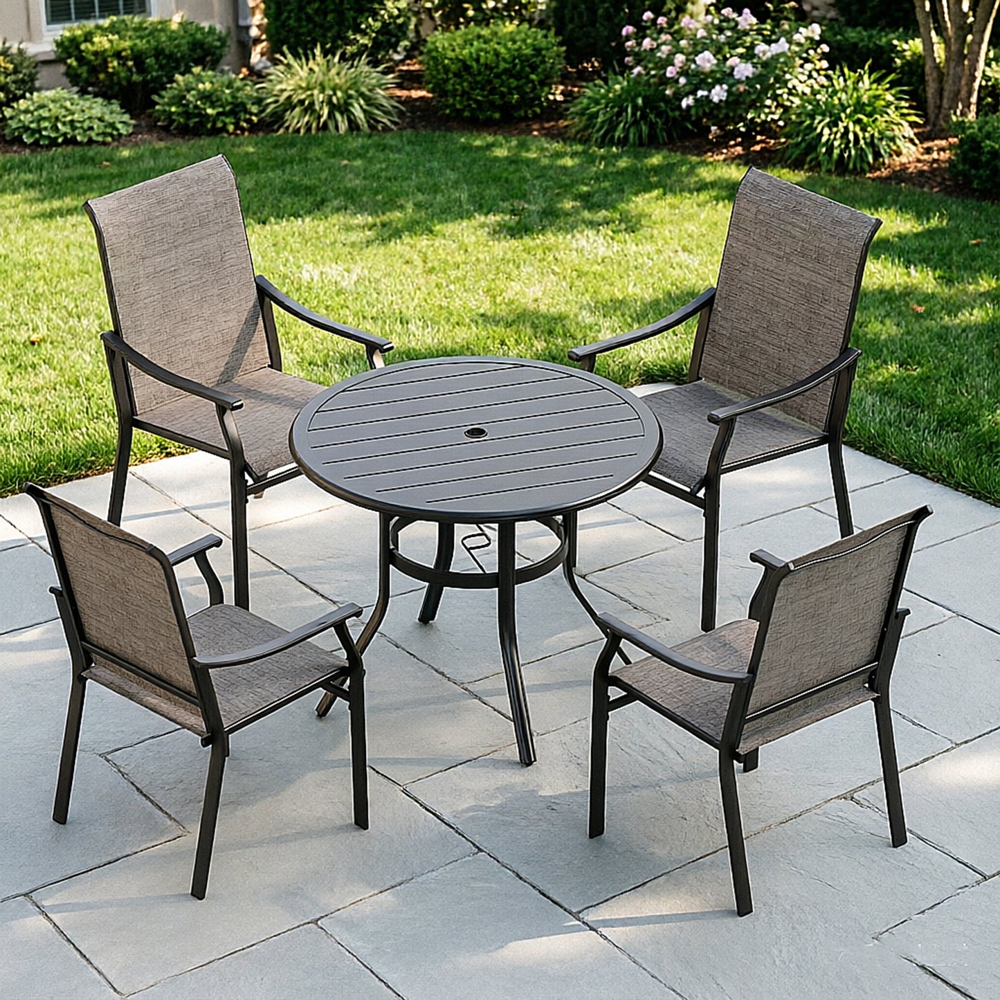 Captiva Designs 5pc Outdoor Patio Slat-top Black Round Dining Steel Table & Steel Frame Sling Chairs