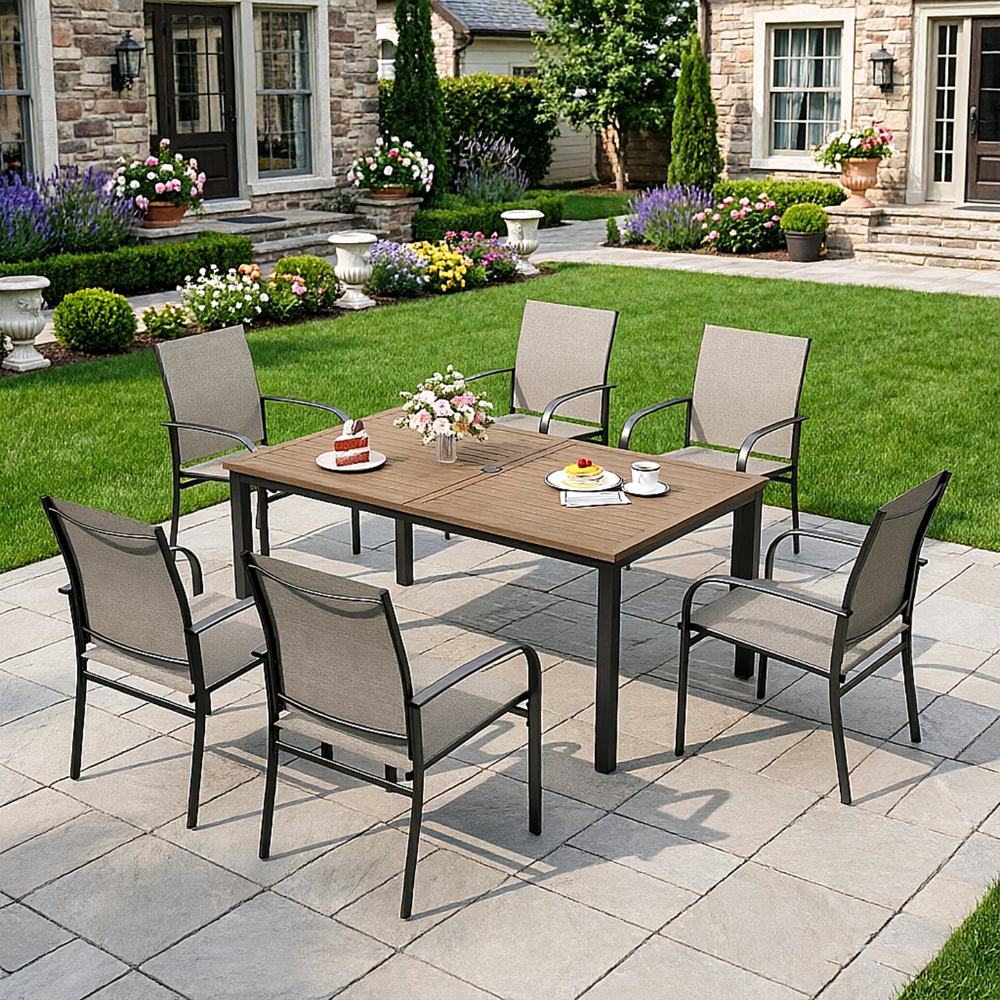 Captiva Designs 7pc Patio Dining Set Wood-look Rectangle Table with Umbrella Hole & Sling Fixed Chairs